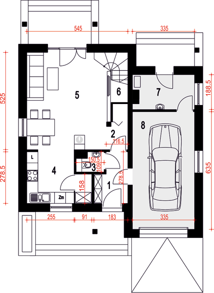 Parter projektu Biała z garażem 1-st. [A]