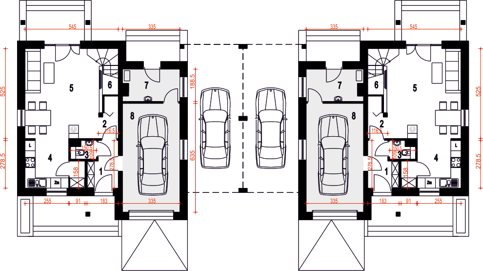 Parter projektu Biała z garażem i wiatą bliźniak [A1-BL]