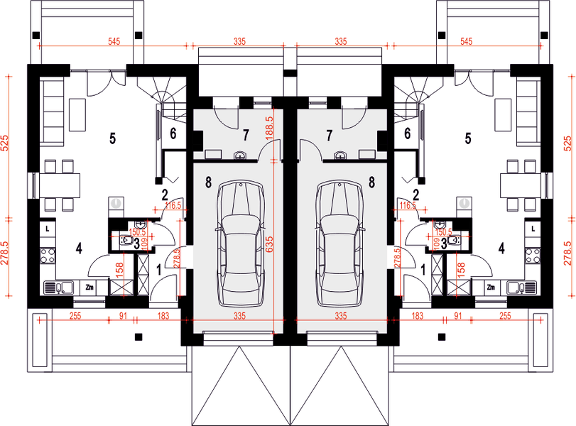 Parter projektu Biała z garażem 1-st. bliźniak [A-BL]