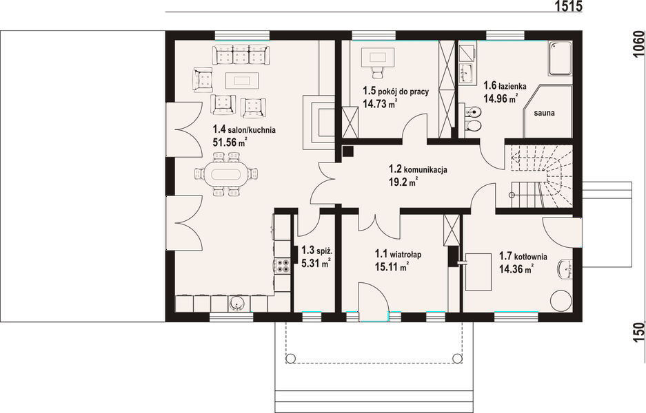 Projekt domu Podsarnie 1dws - rzut parteru, dom liczy 3 pokoje, 3 łazienki i wc