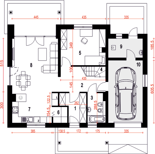 Parter projektu Strzyżyk z garażem 1-st. [A]