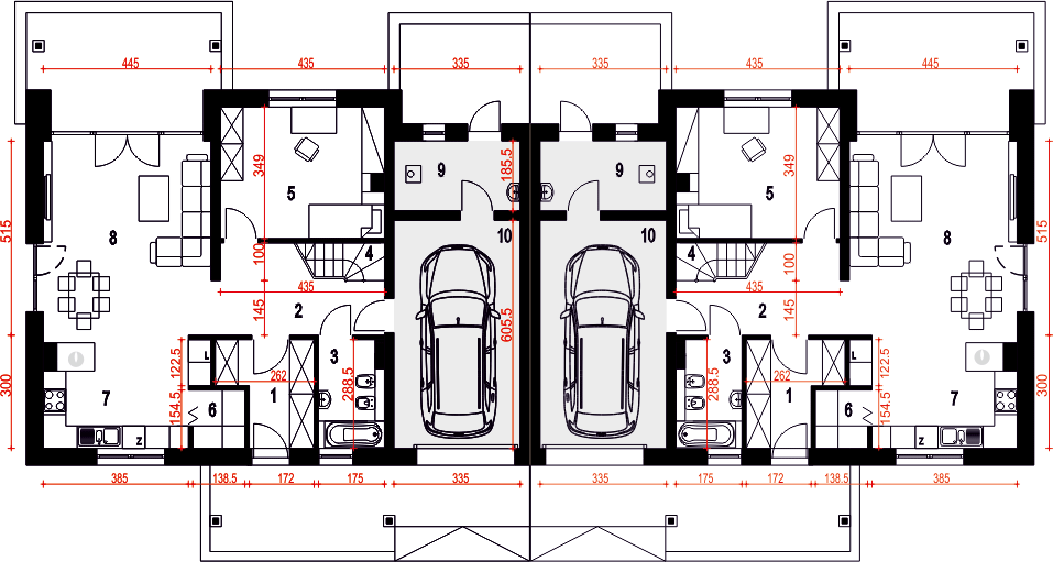 Parter projektu Strzyżyk z garażem 1-st. bliźniak [A-BL]