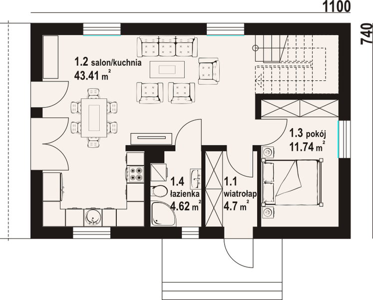 Projekt domu Bronowice 1m - rzut parteru, dom liczy 4 pokoje, 2 łazienki i wc