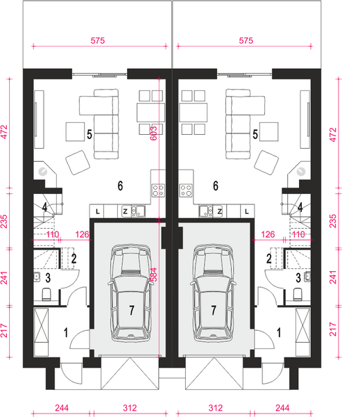 Parter projektu Jukka z garażem 1-st. bliźniak [A-BL]