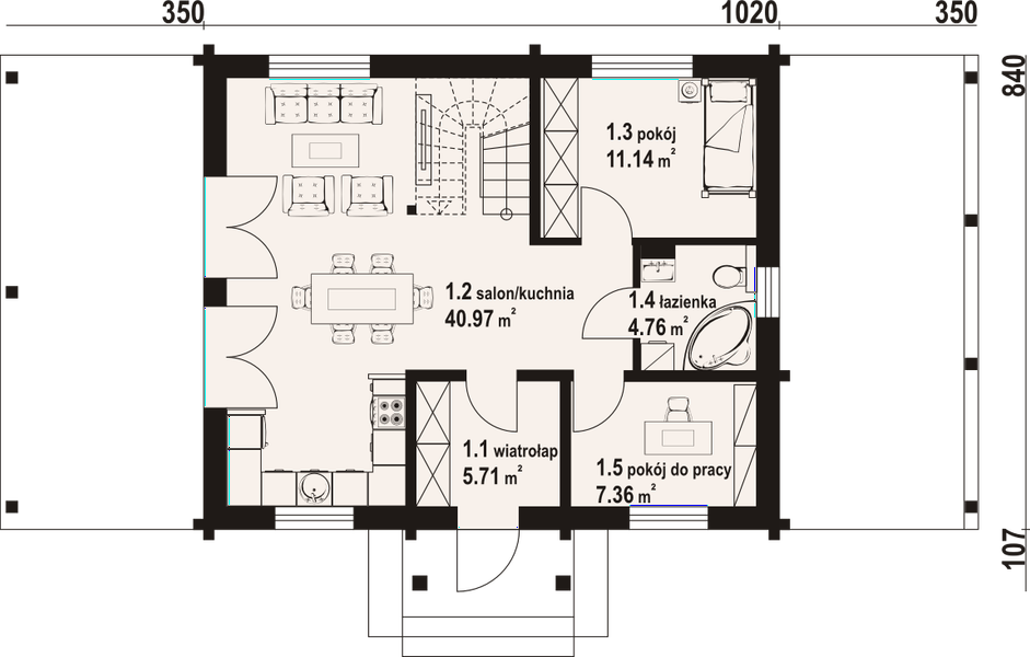 Projekt domu Paczkowice 1dw - rzut parteru, dom liczy 6 pokoje, 2 łazienki i wc