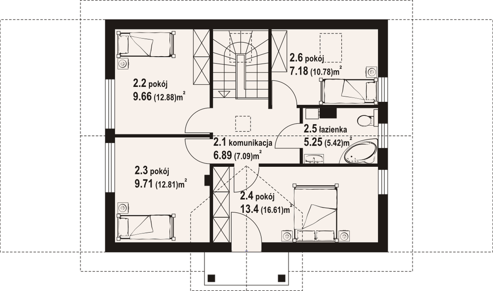 Projekt domu Paczkowice 1dw - rzut poddasza, dom liczy 6 pokoje, 2 łazienki i wc