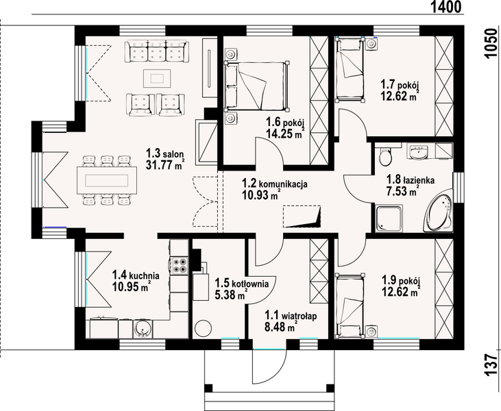 Projekt domu Zamość 1dws - rzut parteru, dom liczy 3 pokoje, 1 łazienki i wc