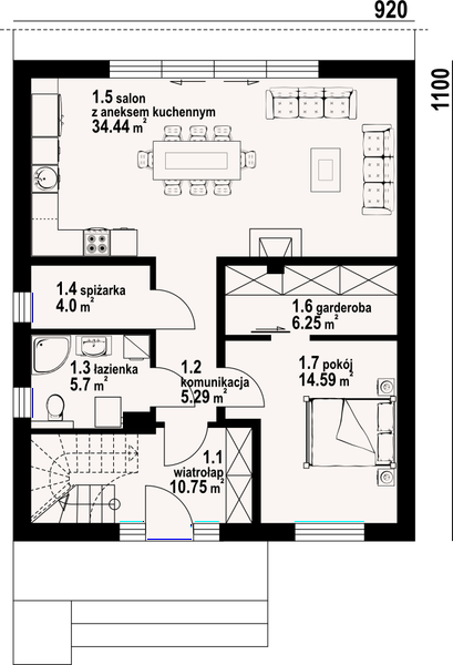 Projekt domu Grochowice 1m - rzut parteru, dom liczy 4 pokoje, 3 łazienki i wc
