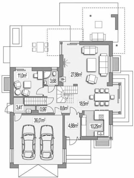 Projekt domu Carmen Magdalena CT - rzut parteru, dom liczy 5 pokoje, 2 łazienki i wc