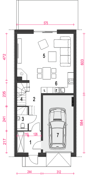 Parter projektu Jukka z garażem 1-st. [A1-SZP]