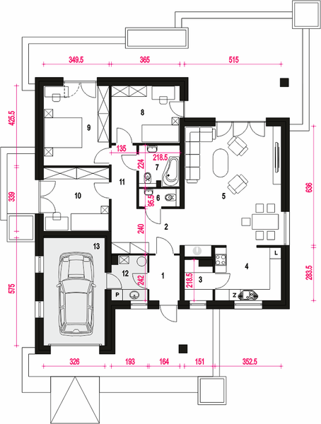 Parter projektu Kalcyt z garażem 1-st. [A]