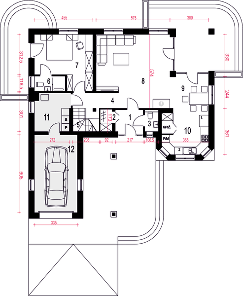 Parter projektu Wega z garażem 1-st. [A1]