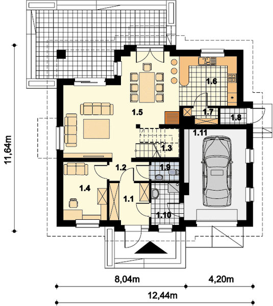 Projekt domu Portia - rzut parteru, dom liczy 4 pokoje, 2 łazienki i wc