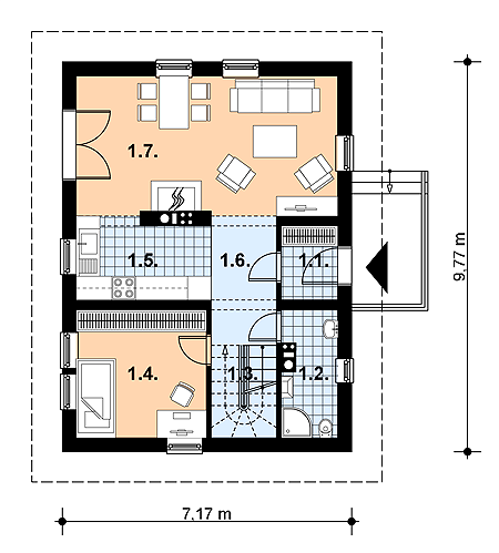 Projekt domu L-29 Dom szkieletowy - rzut parteru, dom liczy 3 pokoje, 2 łazienki i wc