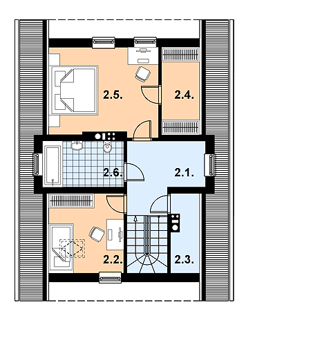 Projekt domu L-29 Dom szkieletowy - rzut poddasza, dom liczy 3 pokoje, 2 łazienki i wc