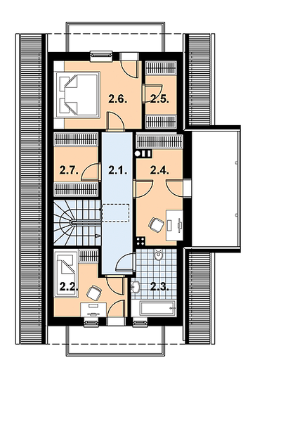 Projekt domu L-30 Dom ludowa - szkieletowy - rzut poddasza, dom liczy 3 pokoje, 2 łazienki i wc