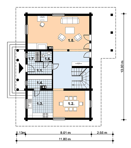 Projekt domu L-31 Dom litewska - szkieletowy - rzut parteru, dom liczy 3 pokoje, 2 łazienki i wc
