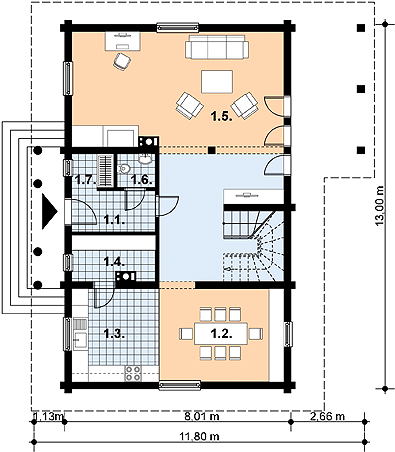Projekt domu L-31 Dom litewska - z bali - rzut parteru, dom liczy 3 pokoje, 2 łazienki i wc