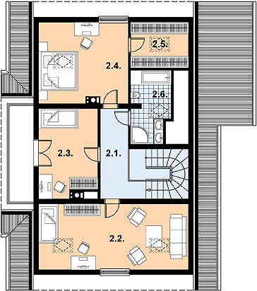 Projekt domu L-31 Dom litewska - z bali - rzut poddasza, dom liczy 3 pokoje, 2 łazienki i wc