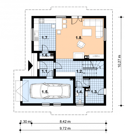 Projekt domu L-96 Dom cynamonowa - szkieletowy - rzut parteru, dom liczy 3 pokoje, 2 łazienki i wc