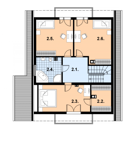 Projekt domu L-96 Dom cynamonowa - szkieletowy - rzut poddasza, dom liczy 3 pokoje, 2 łazienki i wc