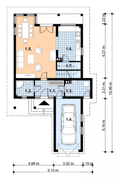 Projekt domu A-101 Dom karska - z bali - rzut parteru, dom liczy 3 pokoje, 2 łazienki i wc