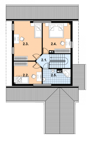 Projekt domu A-101 Dom karska - z bali - rzut poddasza, dom liczy 3 pokoje, 2 łazienki i wc