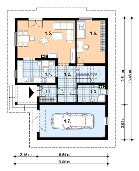 Projekt domu A-103 Dom jastrzębia - szkieletowy - rzut parteru, dom liczy 4 pokoje, 2 łazienki i wc