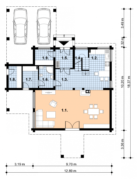 Projekt domu A-109 Dom wiązowa - szkieletowy - rzut parteru, dom liczy 3 pokoje, 2 łazienki i wc
