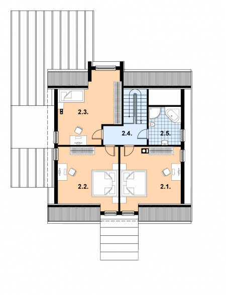 Projekt domu A-109 Dom wiązowa - z bali - rzut poddasza, dom liczy 3 pokoje, 2 łazienki i wc