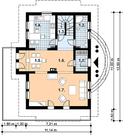 Projekt domu L-71 Dom rolna - z bali - rzut parteru, dom liczy 3 pokoje, 3 łazienki i wc