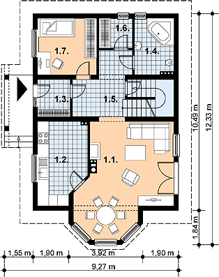 Projekt domu L-85 Dom jasna - szkieletowy - rzut parteru, dom liczy 4 pokoje, 2 łazienki i wc
