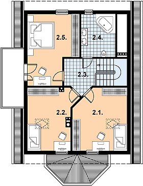 Projekt domu L-85 Dom jasna - szkieletowy - rzut poddasza, dom liczy 4 pokoje, 2 łazienki i wc