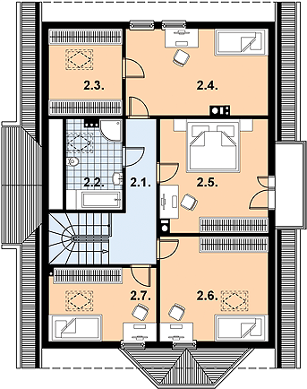 Projekt domu L-86 Dom długa - z bali - rzut poddasza, dom liczy 3 pokoje, 2 łazienki i wc