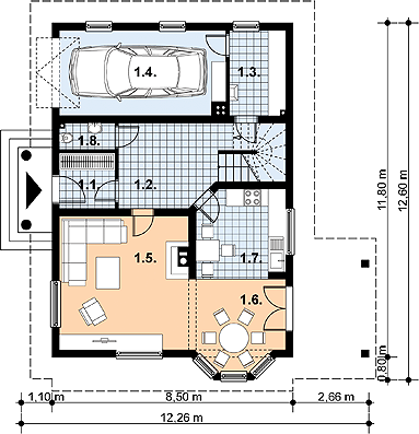Projekt domu L-90 Dom irysowa - szkieletowy - rzut parteru, dom liczy 3 pokoje, 2 łazienki i wc