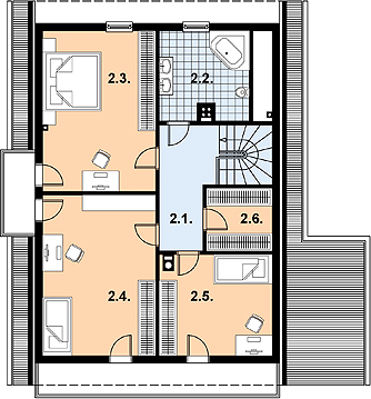 Projekt domu L-90 Dom irysowa - szkieletowy - rzut poddasza, dom liczy 3 pokoje, 2 łazienki i wc