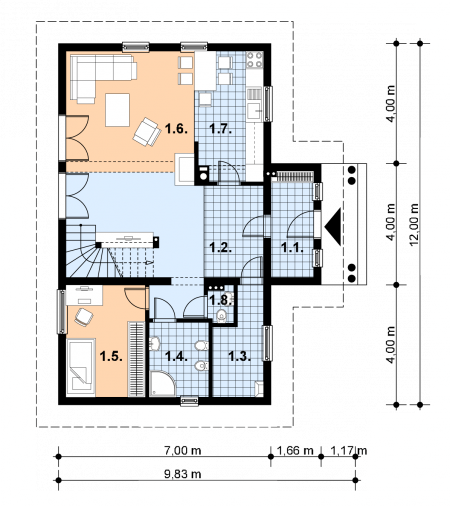 Projekt domu L-93 Dom krakowska - z bali - rzut parteru, dom liczy 3 pokoje, 3 łazienki i wc