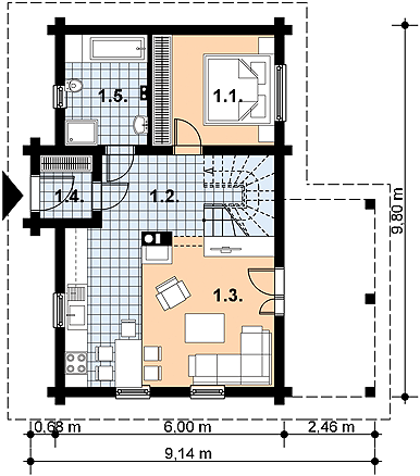 Projekt domu L-84 Dom krótka - z bali - rzut parteru, dom liczy 4 pokoje, 2 łazienki i wc