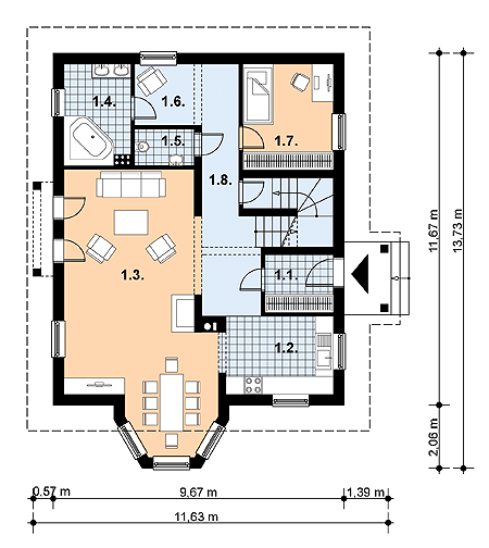 Projekt domu L-46 Dom hiacyntowa - murowany - rzut parteru, dom liczy 5 pokoje, 3 łazienki i wc