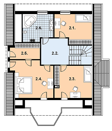 Projekt domu L-46 Dom hiacyntowa - murowany - rzut poddasza, dom liczy 5 pokoje, 3 łazienki i wc
