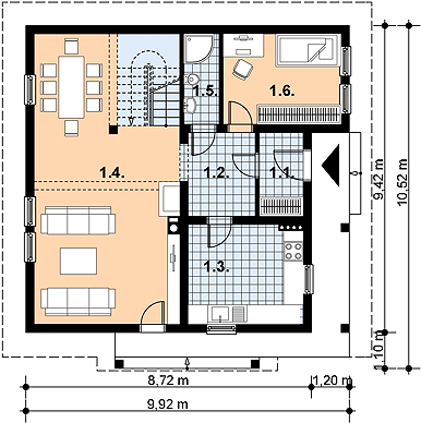 Projekt domu L-59 Dom malinowa - z bali - rzut parteru, dom liczy 4 pokoje, 2 łazienki i wc