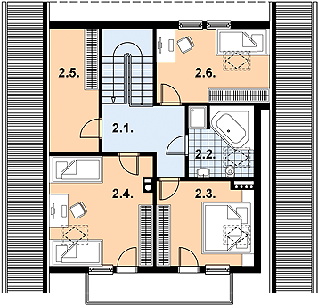 Projekt domu L-59 Dom malinowa - z bali - rzut poddasza, dom liczy 4 pokoje, 2 łazienki i wc