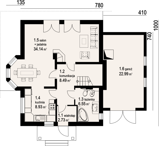 Parter projektu wnękowo + garaż 67