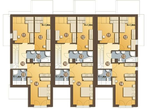 Projekt domu Bazyli szeregówka SZ - rzut 1 piętra, dom liczy 0 pokoje, 3 łazienki i wc