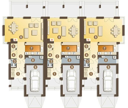 Projekt domu Bazyli szeregówka SZ - rzut parteru, dom liczy 0 pokoje, 3 łazienki i wc