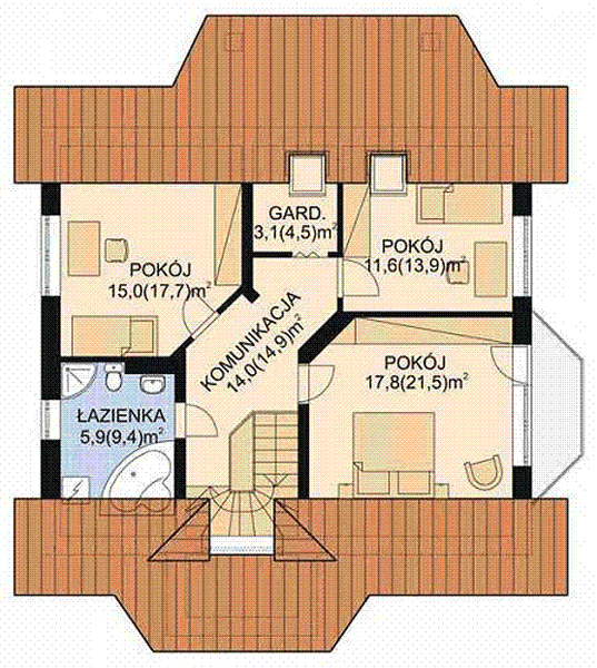 Projekt domu APS 012 - rzut poddasza, dom liczy 3 pokoje, 2 łazienki i wc