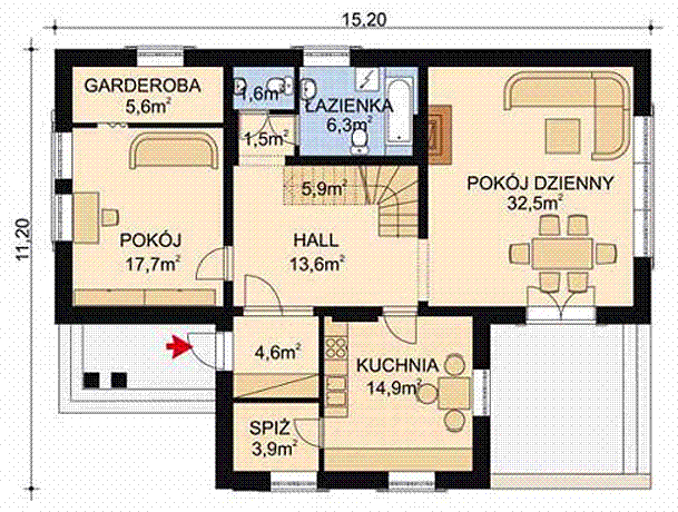 Projekt domu APS 020 - rzut parteru, dom liczy 4 pokoje, 3 łazienki i wc