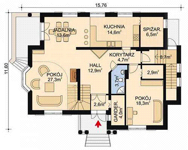 Projekt domu APS 021 - rzut parteru, dom liczy 4 pokoje, 2 łazienki i wc