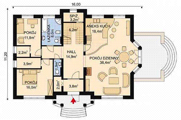 Projekt domu APS 023 - rzut parteru, dom liczy 6 pokoje, 3 łazienki i wc