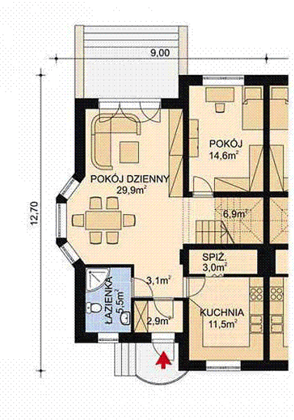 Projekt domu APS 024 - rzut parteru, dom liczy 4 pokoje, 2 łazienki i wc